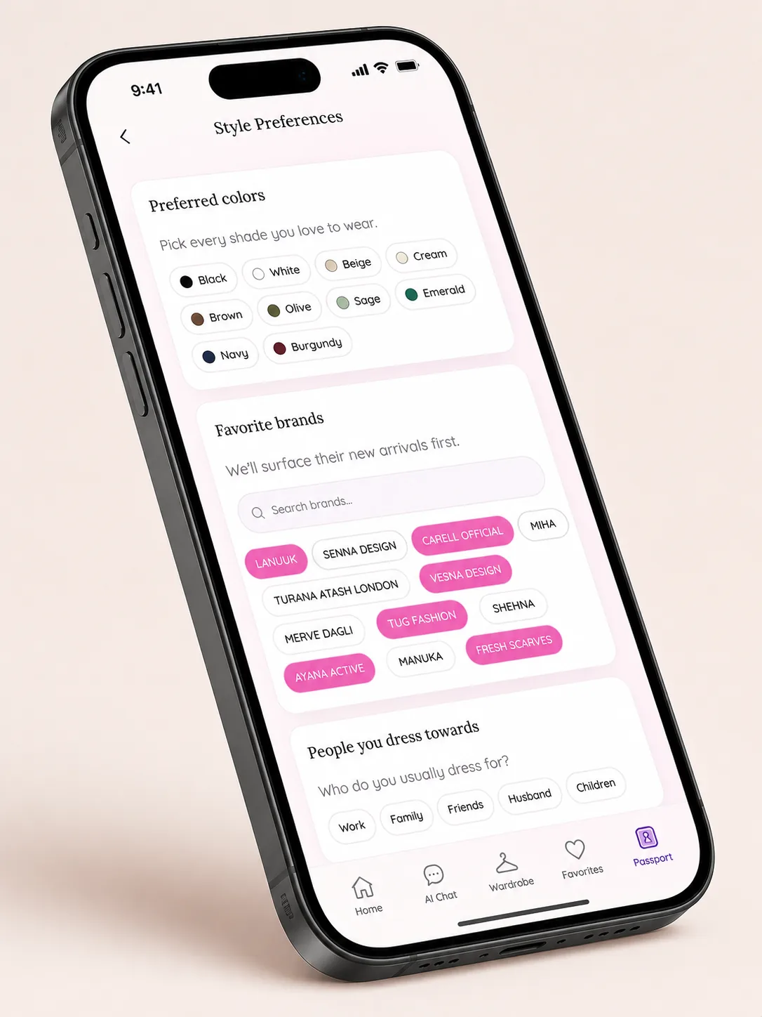Style Passport preview showing color, brand and style preferences